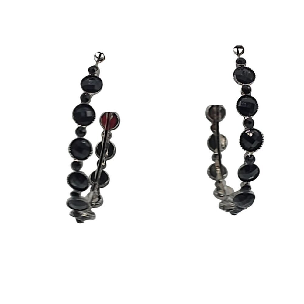 Black Rhinestone Silver-Tone Hoop Earrings 2" Round Vintage 1980s